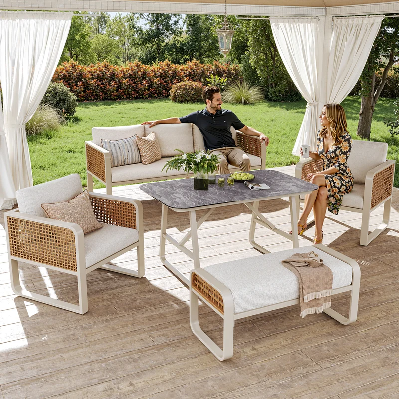 Salon de jardin 6-7 personnes en rotin PE beige modulable et table basse effet marbre gris avec coussins lavables INFINITEVAEL