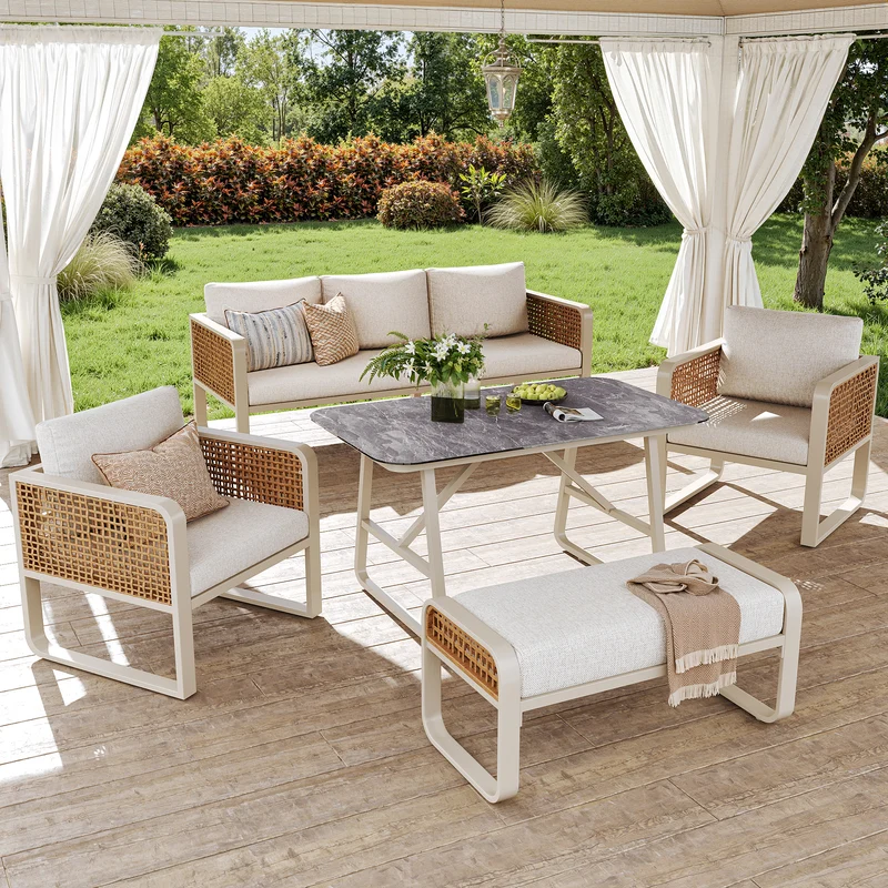 Salon de jardin 6-7 personnes en rotin PE beige modulable et table basse effet marbre gris avec coussins lavables INFINITEVAEL