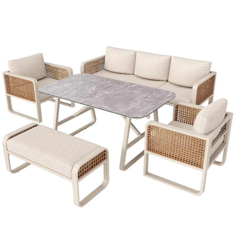 Salon de jardin 6-7 personnes en rotin PE beige modulable et table basse effet marbre gris avec coussins lavables INFINITEVAEL