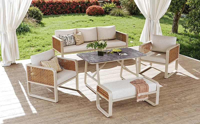 Salon de jardin 6-7 personnes en rotin PE beige modulable et table basse effet marbre gris avec coussins lavables INFINITEVAEL