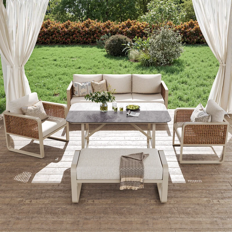 Salon de jardin 6-7 personnes en rotin PE beige modulable et table basse effet marbre gris avec coussins lavables INFINITEVAEL