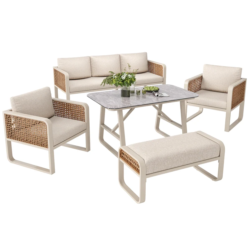 Salon de jardin 6-7 personnes en rotin PE beige modulable et table basse effet marbre gris avec coussins lavables INFINITEVAEL