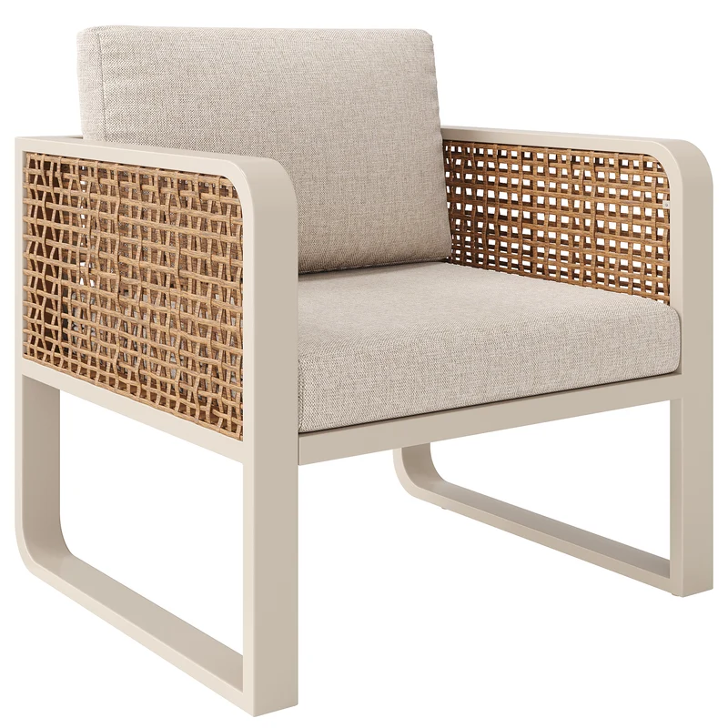 Salon de jardin 6-7 personnes en rotin PE beige modulable et table basse effet marbre gris avec coussins lavables INFINITEVAEL