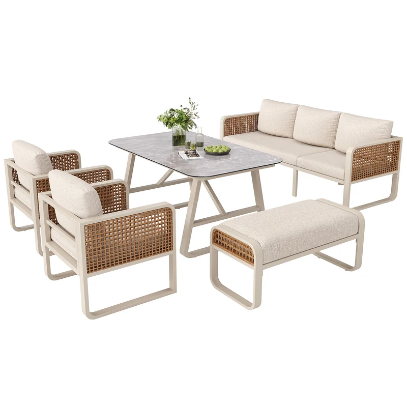 Salon de jardin 6-7 personnes en rotin PE beige modulable et table basse effet marbre gris avec coussins lavables INFINITEVAEL