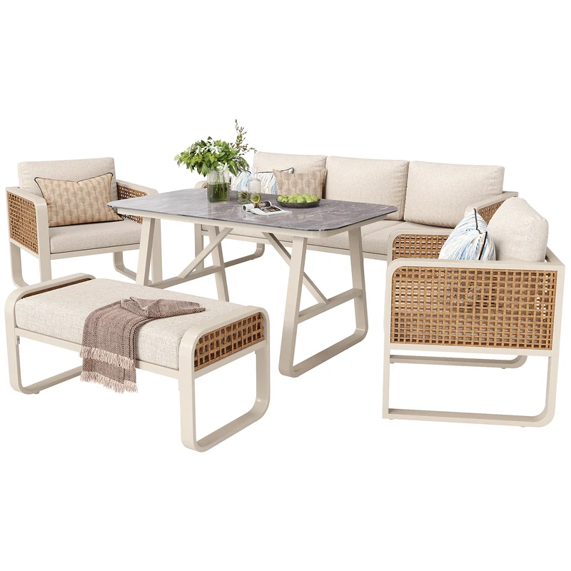 Salon de jardin 6-7 personnes en rotin PE beige modulable et table basse effet marbre gris avec coussins lavables INFINITEVAEL