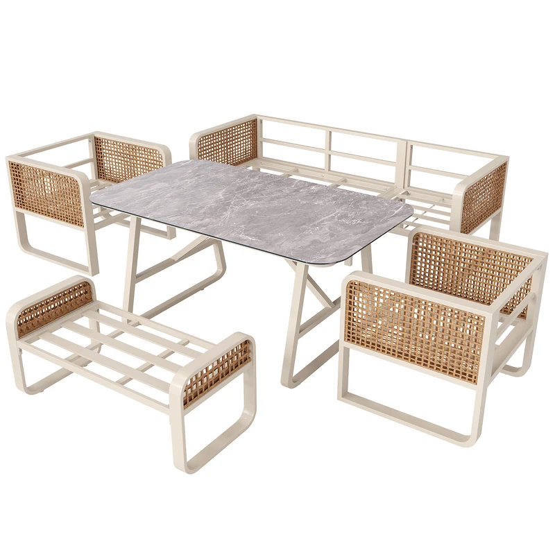 Salon de jardin 6-7 personnes en rotin PE beige modulable et table basse effet marbre gris avec coussins lavables INFINITEVAEL