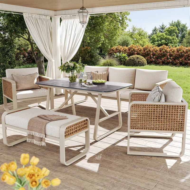 Salon de jardin 6-7 personnes en rotin PE beige modulable et table basse effet marbre gris avec coussins lavables INFINITEVAEL