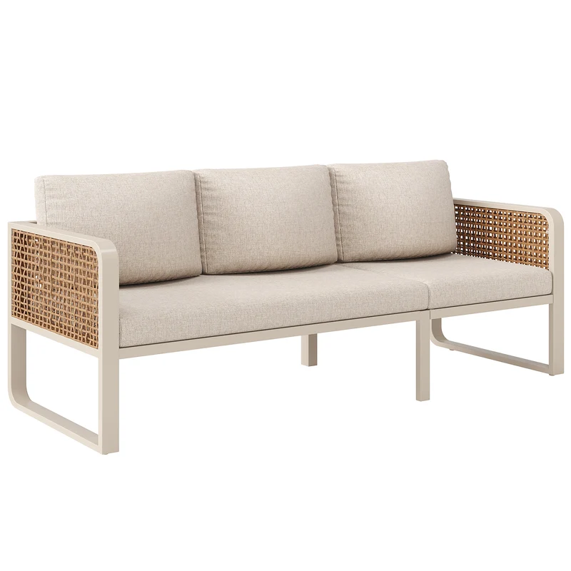 Salon de jardin 6-7 personnes en rotin PE beige modulable et table basse effet marbre gris avec coussins lavables INFINITEVAEL