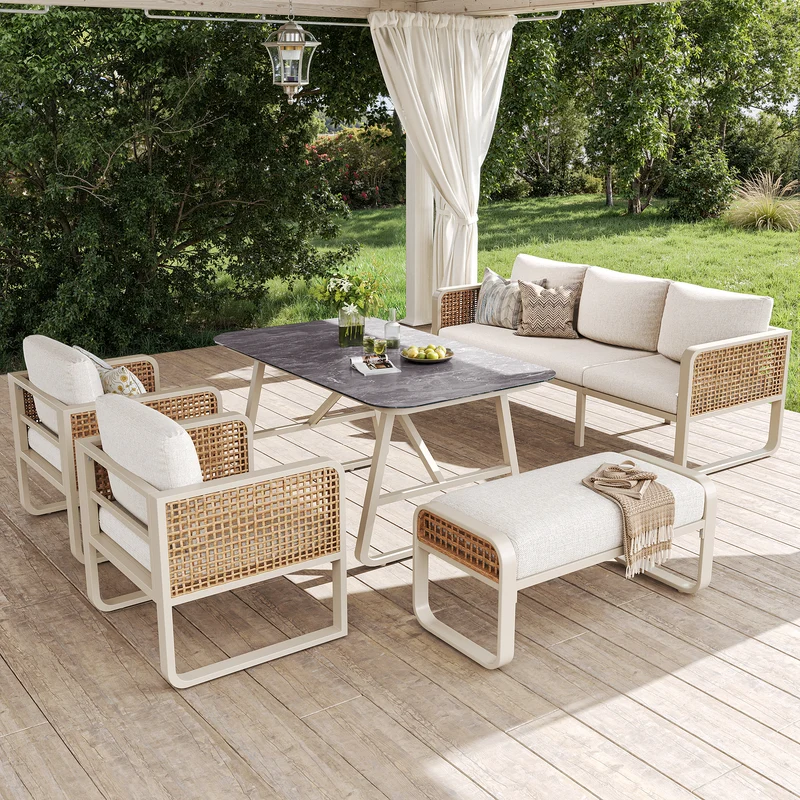 Salon de jardin 6-7 personnes en rotin PE beige modulable et table basse effet marbre gris avec coussins lavables INFINITEVAEL