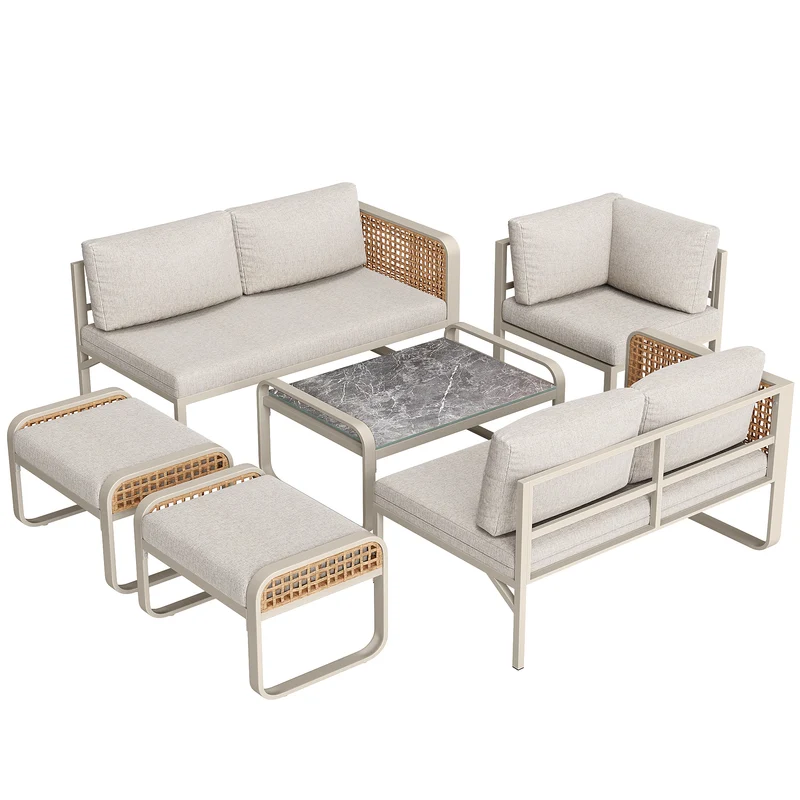Salon de jardin en rotin tressé 6-7 personnes beige, canapé d'angle, table basse effet marbre gris, coussins inclus INFINITEKORR