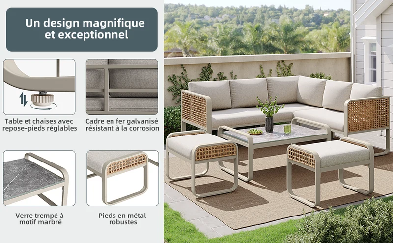 Salon de jardin en rotin tressé 6-7 personnes beige, canapé d'angle, table basse effet marbre gris, coussins inclus INFINITEKORR
