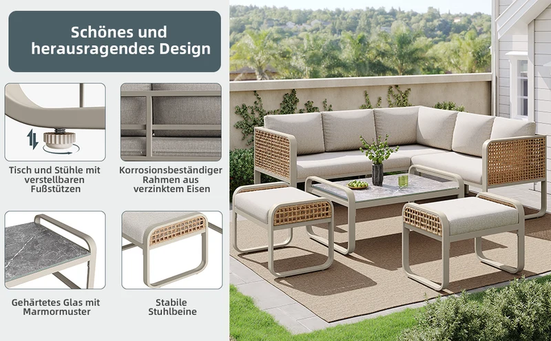 Salon de jardin en rotin tressé 6-7 personnes beige, canapé d'angle, table basse effet marbre gris, coussins inclus INFINITEKORR