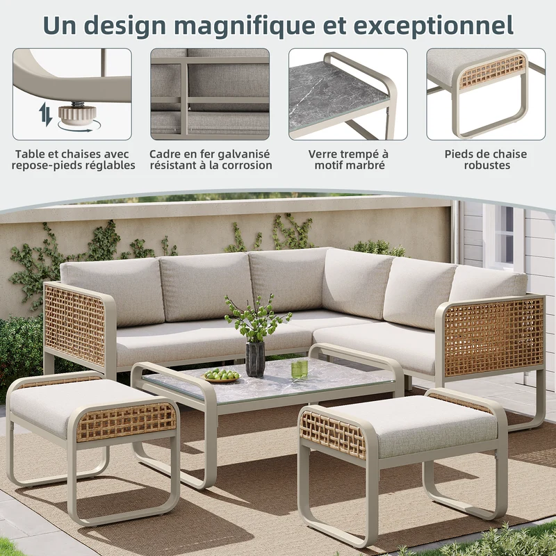 Salon de jardin en rotin tressé 6-7 personnes beige, canapé d'angle, table basse effet marbre gris, coussins inclus INFINITEKORR
