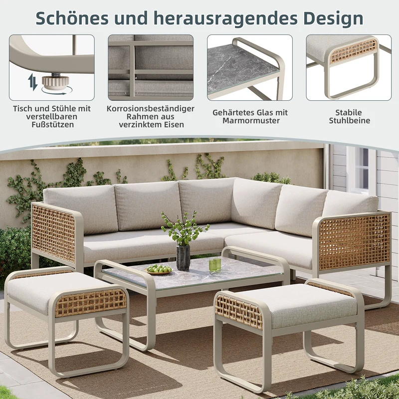 Salon de jardin en rotin tressé 6-7 personnes beige, canapé d'angle, table basse effet marbre gris, coussins inclus INFINITEKORR