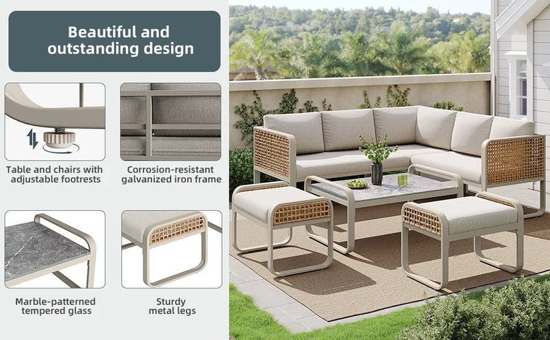 Salon de jardin en rotin tressé 6-7 personnes beige, canapé d'angle, table basse effet marbre gris, coussins inclus INFINITEKORR