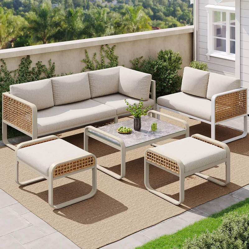 Salon de jardin en rotin tressé 6-7 personnes beige, canapé d'angle, table basse effet marbre gris, coussins inclus INFINITEKORR