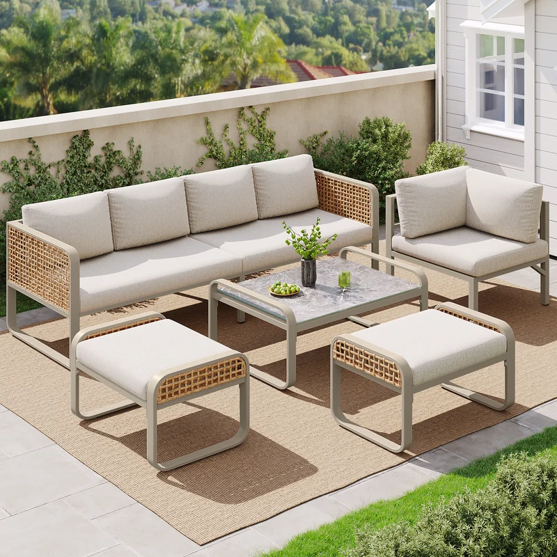 Salon de jardin en rotin tressé 6-7 personnes beige, canapé d'angle, table basse effet marbre gris, coussins inclus INFINITEKORR