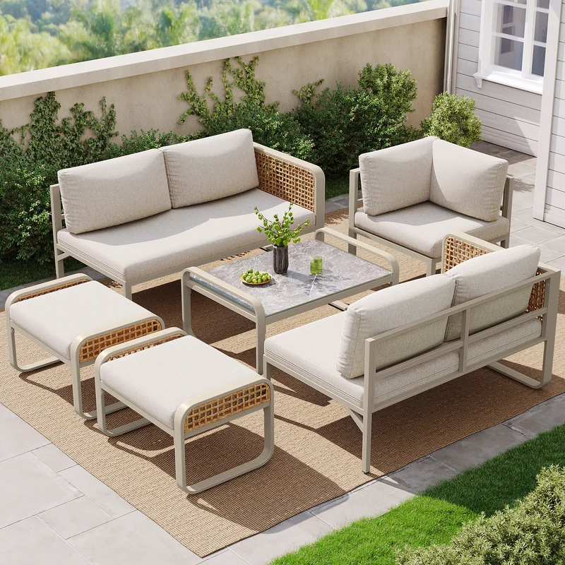 Salon de jardin en rotin tressé 6-7 personnes beige, canapé d'angle, table basse effet marbre gris, coussins inclus INFINITEKORR