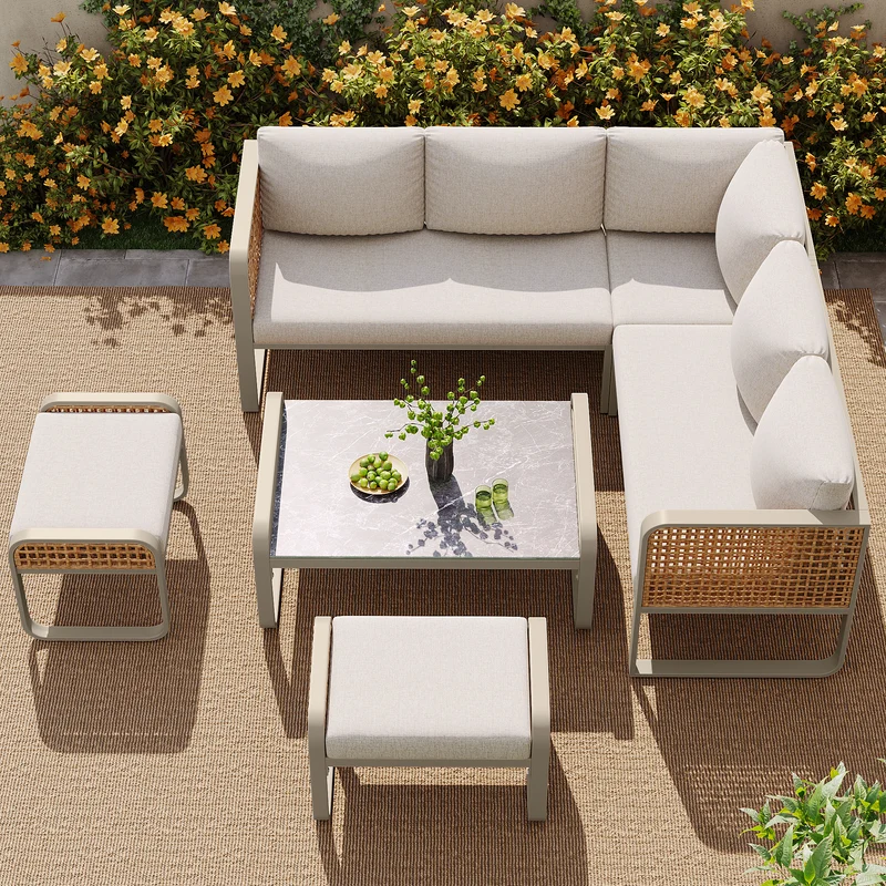 Salon de jardin en rotin tressé 6-7 personnes beige, canapé d'angle, table basse effet marbre gris, coussins inclus INFINITEKORR