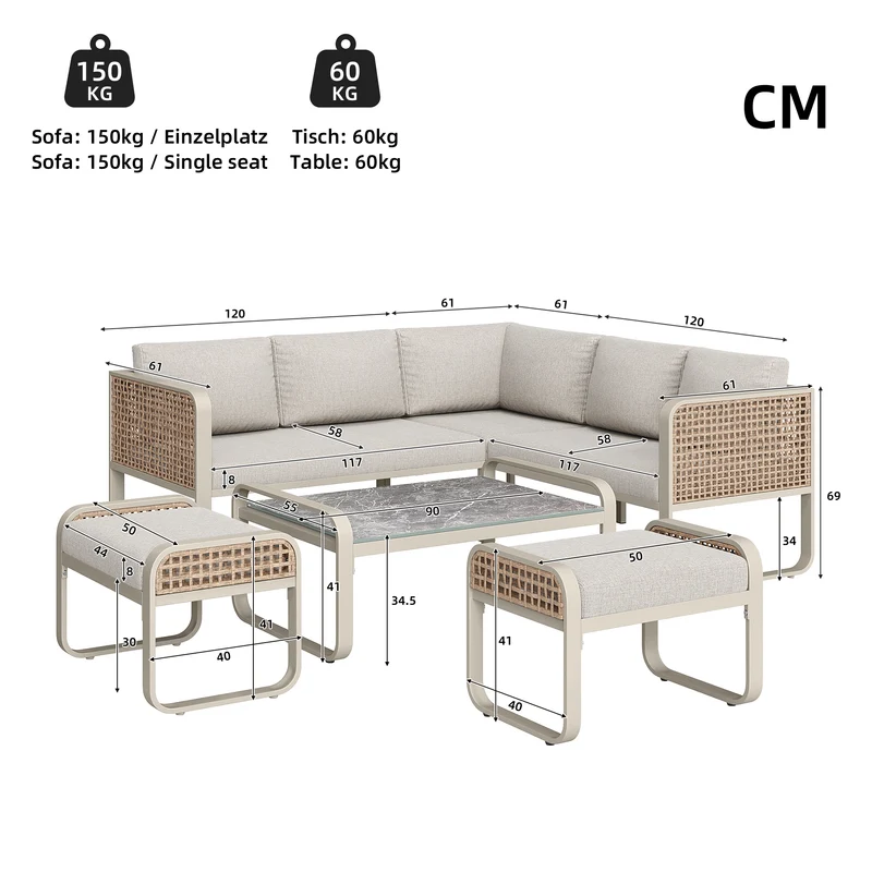 Salon de jardin en rotin tressé 6-7 personnes beige, canapé d'angle, table basse effet marbre gris, coussins inclus INFINITEKORR