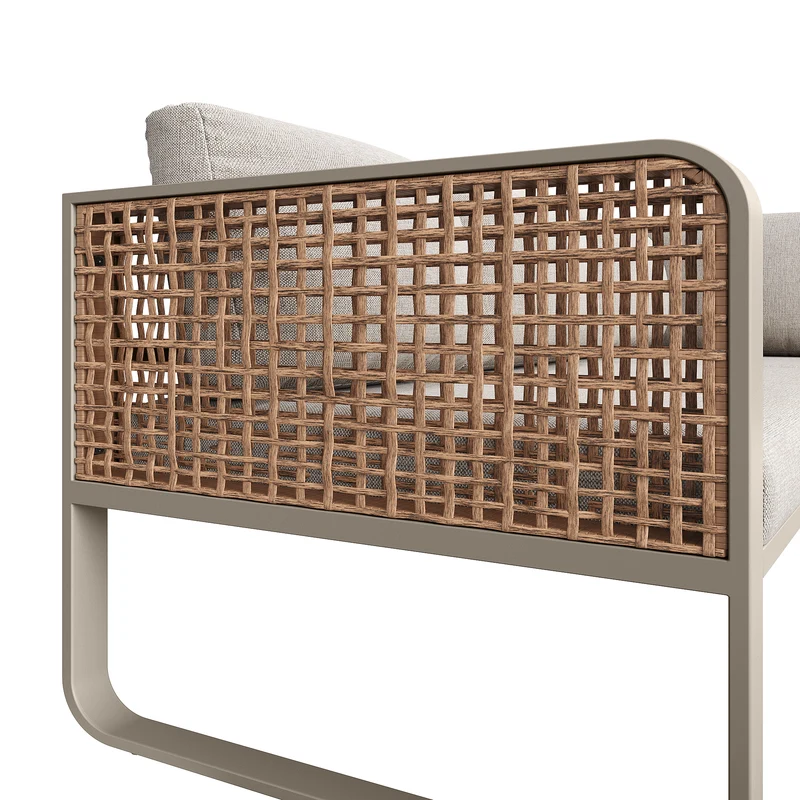 Salon de jardin en rotin tressé 6-7 personnes beige, canapé d'angle, table basse effet marbre gris, coussins inclus INFINITEKORR