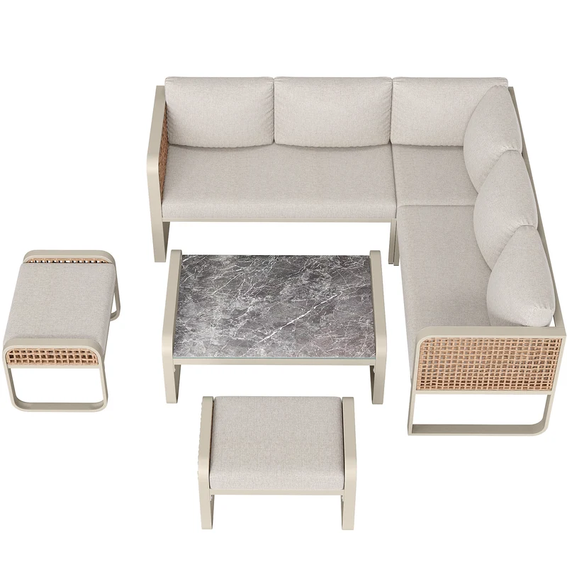 Salon de jardin en rotin tressé 6-7 personnes beige, canapé d'angle, table basse effet marbre gris, coussins inclus INFINITEKORR