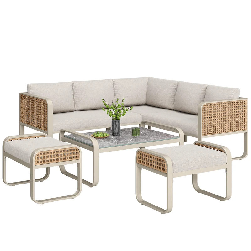 Salon de jardin en rotin tressé 6-7 personnes beige, canapé d'angle, table basse effet marbre gris, coussins inclus INFINITEKORR