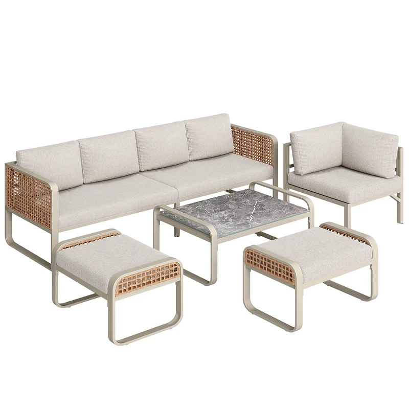 Salon de jardin en rotin tressé 6-7 personnes beige, canapé d'angle, table basse effet marbre gris, coussins inclus INFINITEKORR