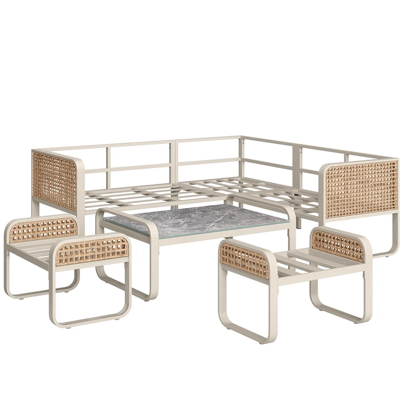 Salon de jardin en rotin tressé 6-7 personnes beige, canapé d'angle, table basse effet marbre gris, coussins inclus INFINITEKORR