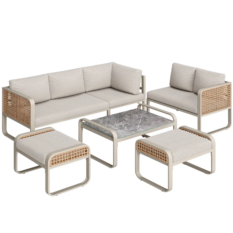 Salon de jardin en rotin tressé 6-7 personnes beige, canapé d'angle, table basse effet marbre gris, coussins inclus INFINITEKORR