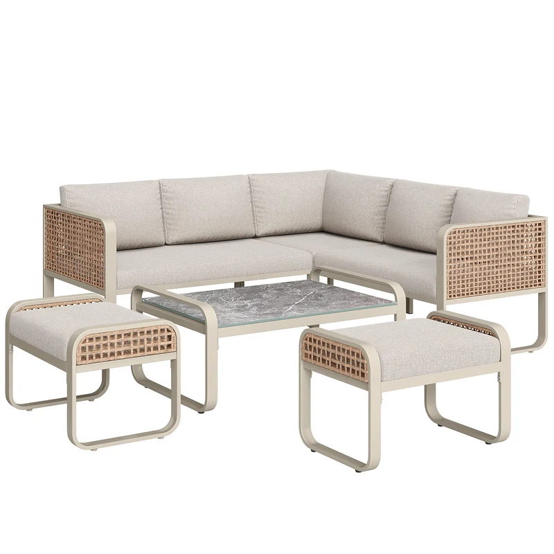 Salon de jardin en rotin tressé 6-7 personnes beige, canapé d'angle, table basse effet marbre gris, coussins inclus INFINITEKORR