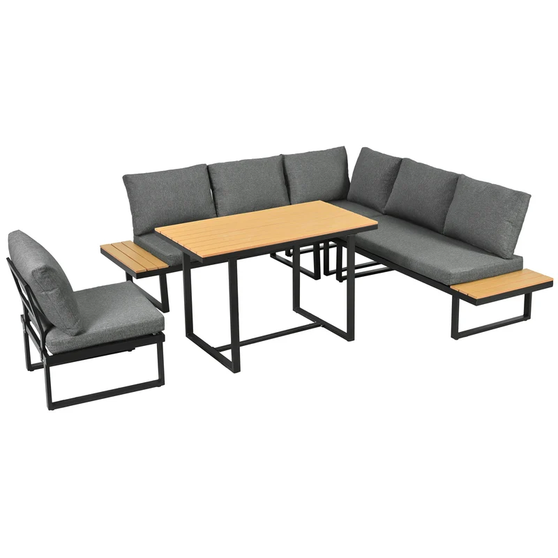Salon de jardin d'angle modulable 6 places gris, table basse effet bois, 5 positions inclinable RIFTPULSE