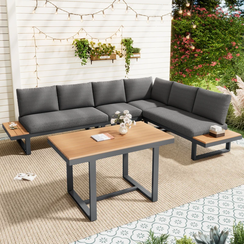 Salon de jardin d'angle modulable 6 places gris, table basse effet bois, 5 positions inclinable RIFTPULSE