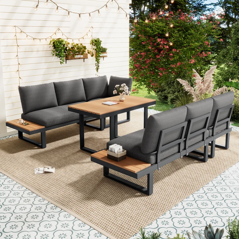 Salon de jardin d'angle modulable 6 places gris, table basse effet bois, 5 positions inclinable RIFTPULSE