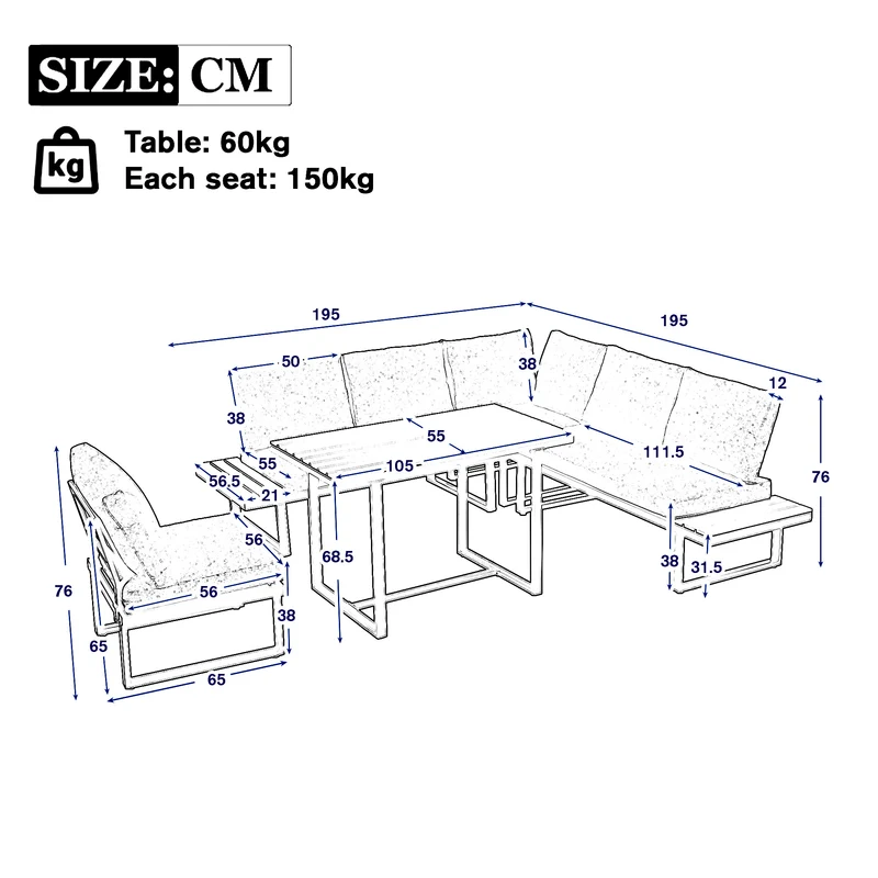 Salon de jardin d'angle modulable 6 places gris, table basse effet bois, 5 positions inclinable RIFTPULSE