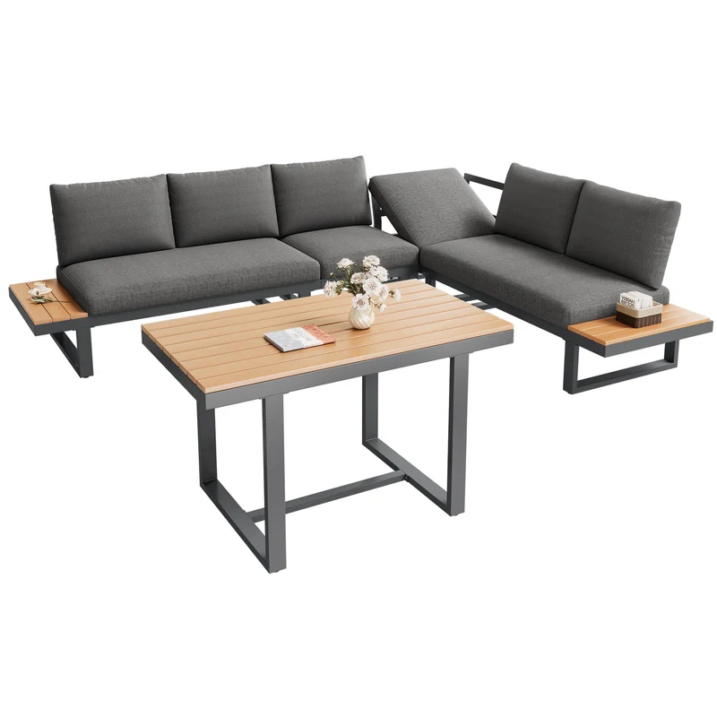 Salon de jardin d'angle modulable 6 places gris, table basse effet bois, 5 positions inclinable RIFTPULSE
