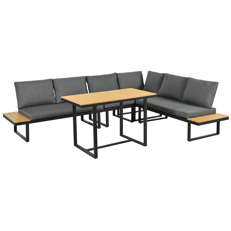 Salon de jardin d'angle modulable 6 places gris, table basse effet bois, 5 positions inclinable RIFTPULSE