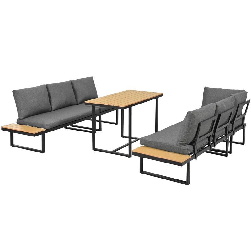 Salon de jardin d'angle modulable 6 places gris, table basse effet bois, 5 positions inclinable RIFTPULSE