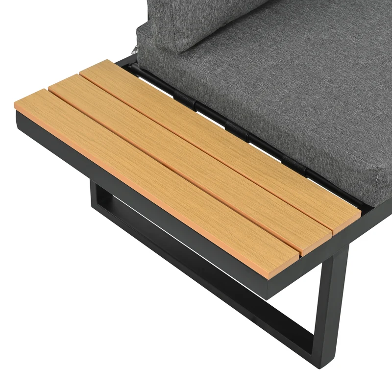 Salon de jardin d'angle modulable 6 places gris, table basse effet bois, 5 positions inclinable RIFTPULSE