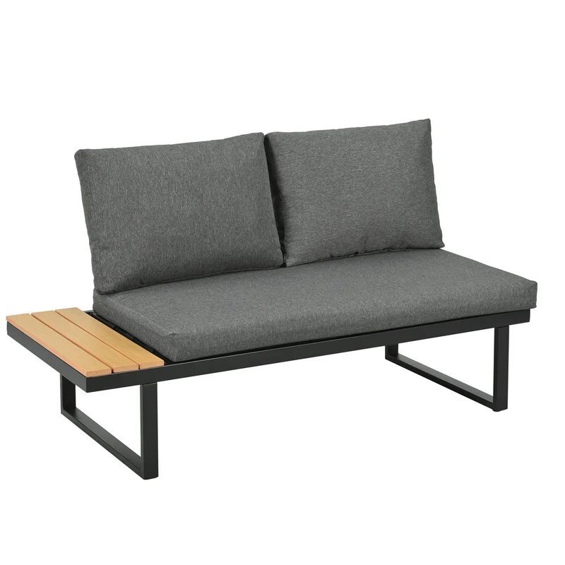 Salon de jardin d'angle modulable 6 places gris, table basse effet bois, 5 positions inclinable RIFTPULSE