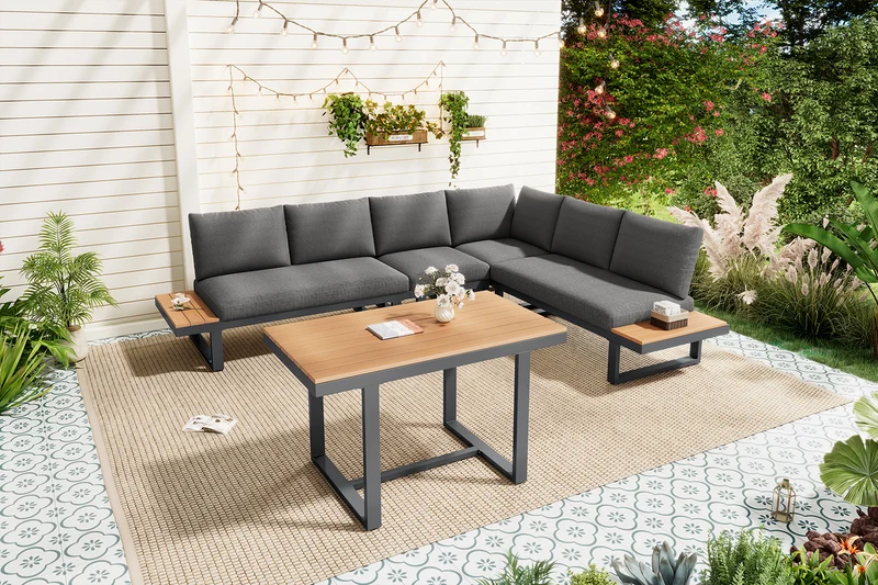 Salon de jardin d'angle modulable 6 places gris, table basse effet bois, 5 positions inclinable RIFTPULSE
