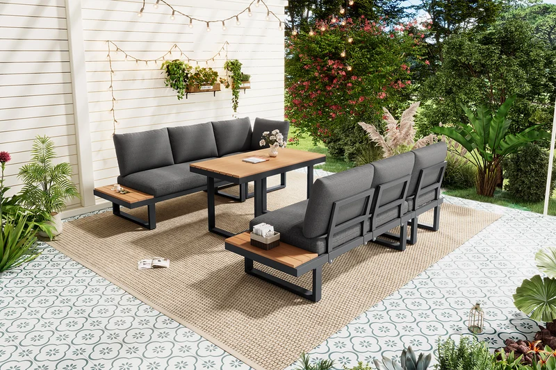 Salon de jardin d'angle modulable 6 places gris, table basse effet bois, 5 positions inclinable RIFTPULSE
