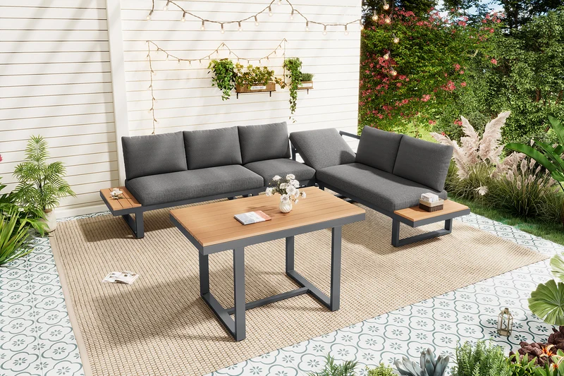 Salon de jardin d'angle modulable 6 places gris, table basse effet bois, 5 positions inclinable RIFTPULSE