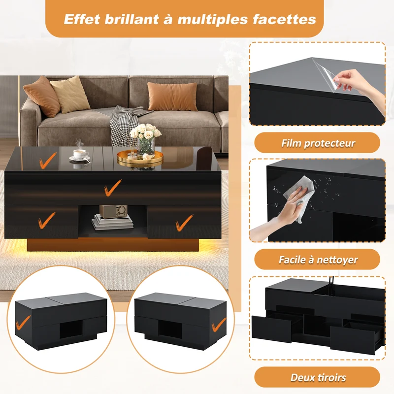 Table basse relevable noire brillante 2 tiroirs avec LED 100x45x43cm QUASARVYR