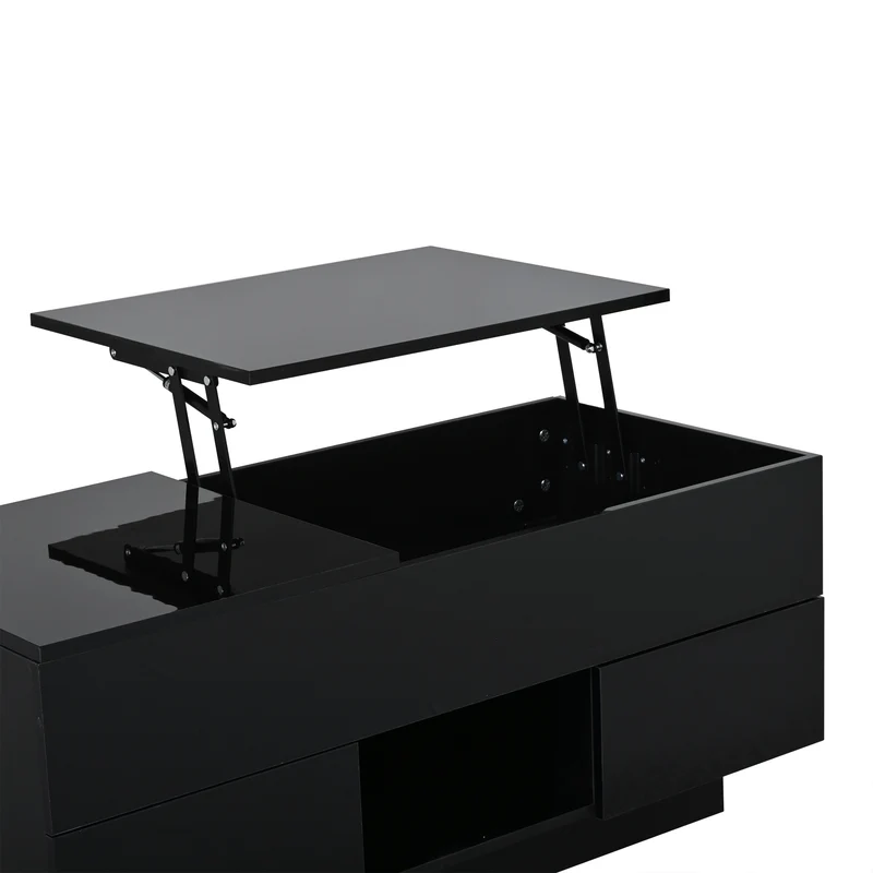 Table basse relevable noire brillante 2 tiroirs avec LED 100x45x43cm QUASARVYR