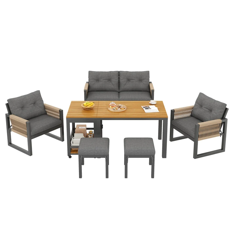 Salon de jardin moderne 6 pièces gris et table basse effet bois moudulable NEXUSNEX