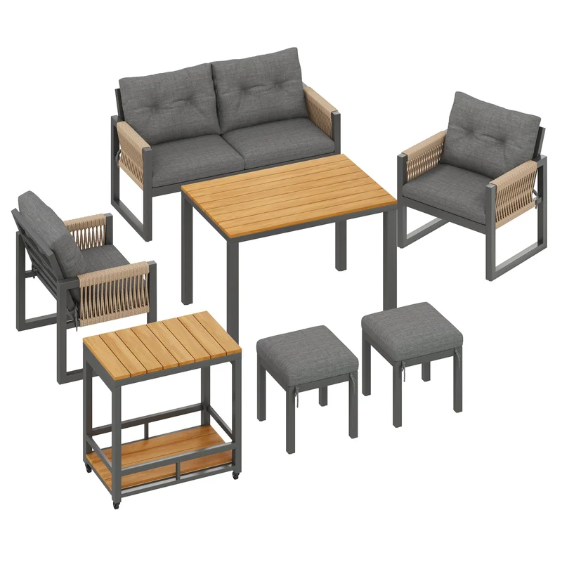 Salon de jardin moderne 6 pièces gris et table basse effet bois moudulable NEXUSNEX