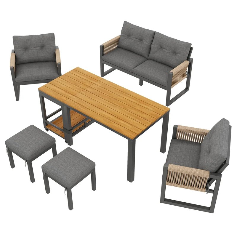 Salon de jardin moderne 6 pièces gris et table basse effet bois moudulable NEXUSNEX