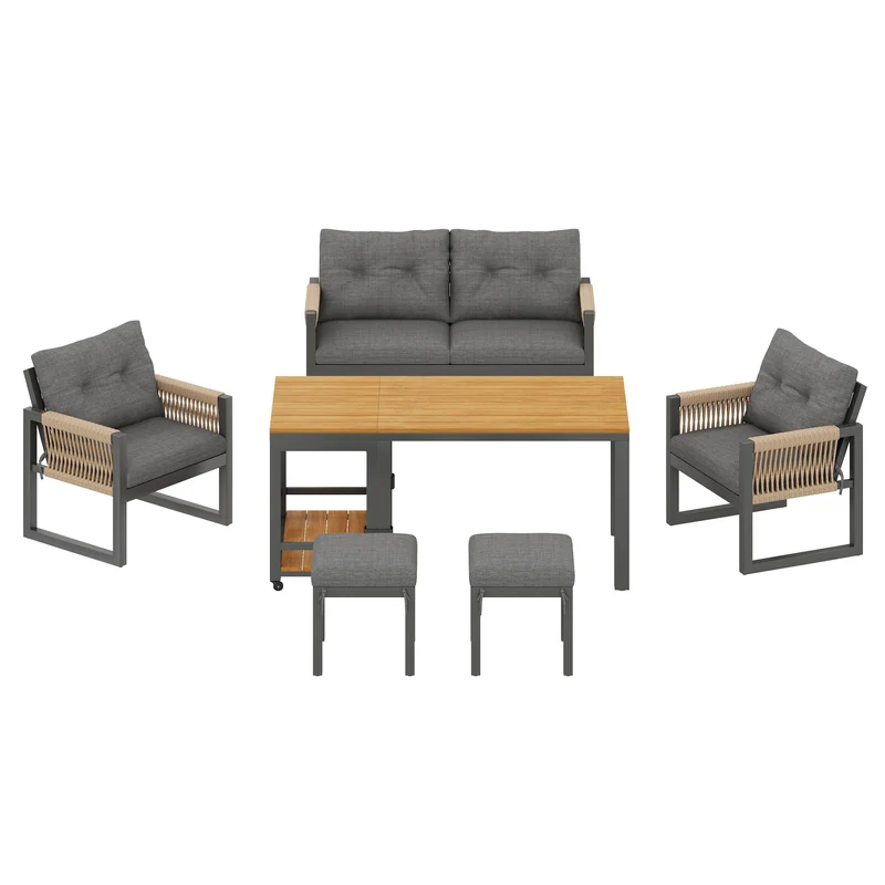 Salon de jardin moderne 6 pièces gris et table basse effet bois moudulable NEXUSNEX