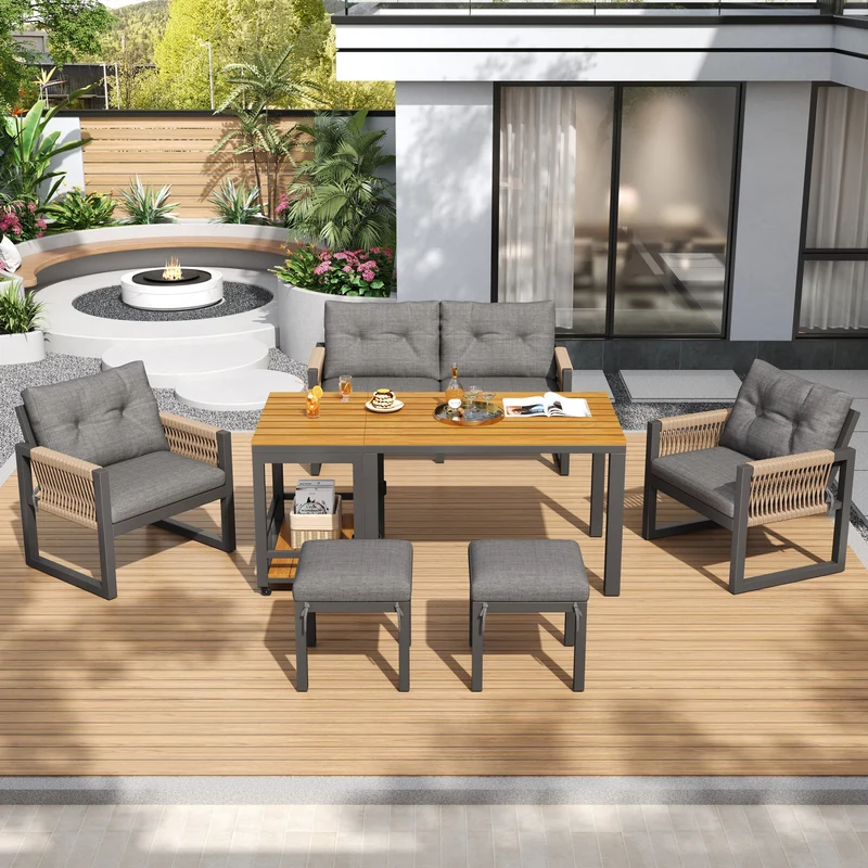 Salon de jardin moderne 6 pièces gris et table basse effet bois moudulable NEXUSNEX